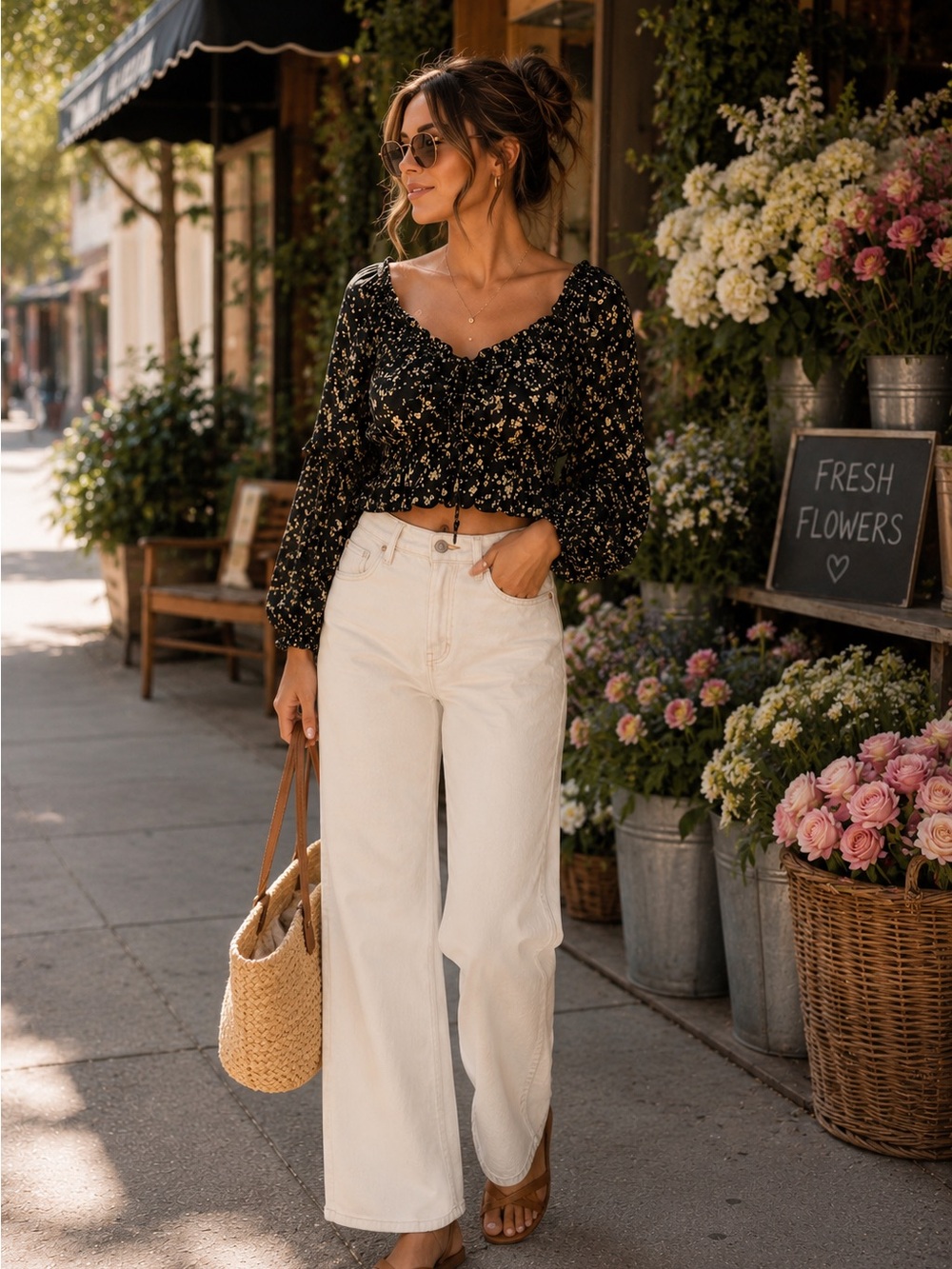 POLLY‎ Floral Drawstring Peasant Crop Blouse Us 6